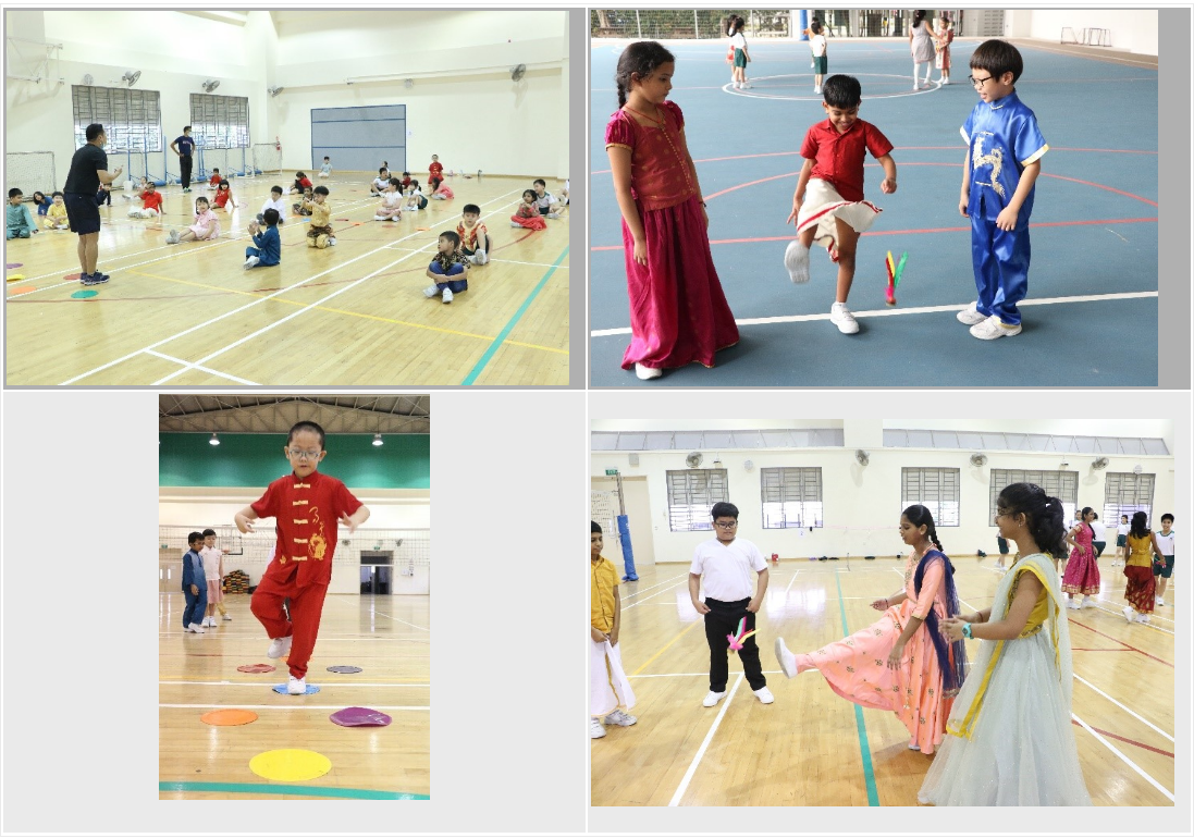 Children in traditional cultural attire playing and exercising in school gymnasiums and outdoor courts.